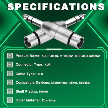 3PCS XLR Female to 1/4" TRS Adapter Balanced Quarter Inch 6.35mm Male to 3 Pin Plug Dual Channel Audio Connector Metal Shell with Cable Tie, for Microphones Eletronic Keyboard - color: XLR to TRS