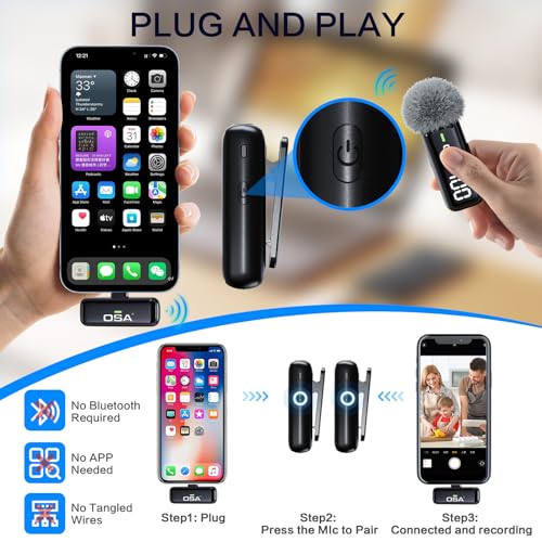 OSA 2Pcs Wireless Lavalier Microphone for iPhone iPad with Charging Charging Case and Transmitter Digital Display, 30H Clip on Lapel Microphone Wireless for Video Recording - style: Lighning