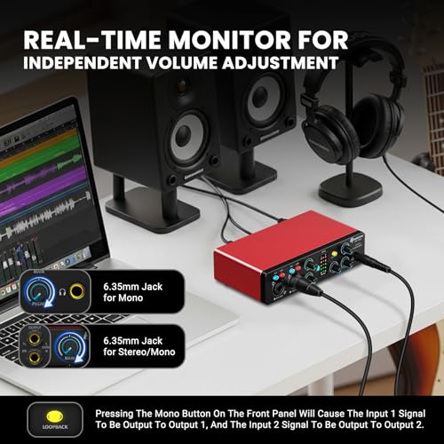 USB Audio Interface,4-In 2-Out Audio Interface with 48V Phantom Power 24-bit/192kHz, Dual TS/XLR Inputs Plug & Play for Recording, Podcasting, Streaming, Guitar, Vocalist