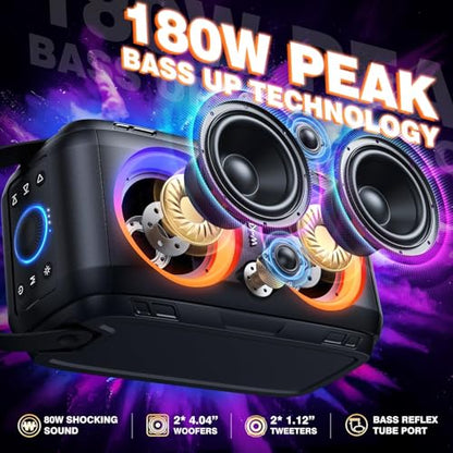 W-KING Party Bluetooth Speaker Boom Box, 180W Max Big Large Speaker | 105dB Loudest Wireless Outdoor Portable Speaker 4 Drivers with 2*4.04'' Subwoofer, 80W HD Huge Deep Bass, IPX5/24H/EQ/USB/TF - style: T9