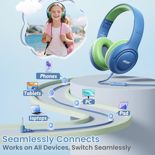 Acer Kids Headphones for School, 85-94dB Limiter, 3.5mm Jack, w/Mic HK03 | Foldable Wired Over Ear Headphones, for Toddler School/Tablet/iPad/PC/Travel, Blue-Green - color: Blue Green