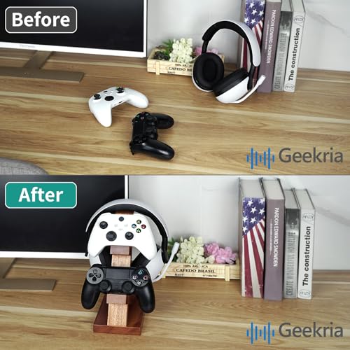 GEEKRIA Solid Wood Dual Gamepad and Headphone Stand, Controller Storage Holder for PS4, PS5, Xbox, Switch, 8BitDo, Universal Desk Game Accessories - color: Brown