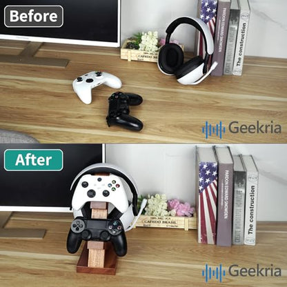 GEEKRIA Solid Wood Dual Gamepad and Headphone Stand, Controller Storage Holder for PS4, PS5, Xbox, Switch, 8BitDo, Universal Desk Game Accessories - color: Brown