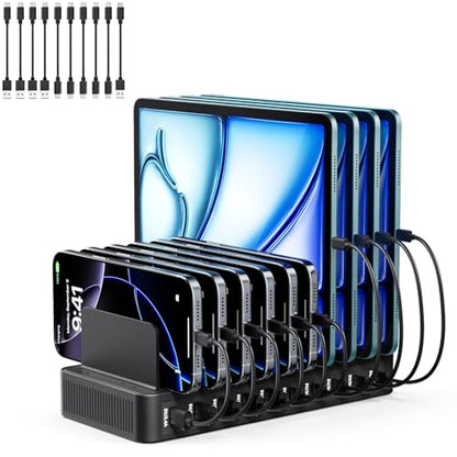 USB C Charging Station for Multiple Devices, 10-Port 100W Charging Dock, with Adjustable Dividers, USB-C Power Hub, Compatible with iPhone/Samsung/Google/Tablets/USB Devices (with 10 Cables)