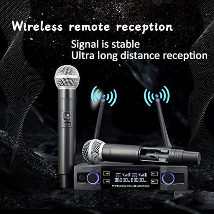 Wireless Microphone, Dual Channel Professional Cordless Dynamic Wireless Microphone, Handheld Wireless Microphone System for Home Karaoke, conferences, Parties, Churches, Weddings, Parties, 160 ft