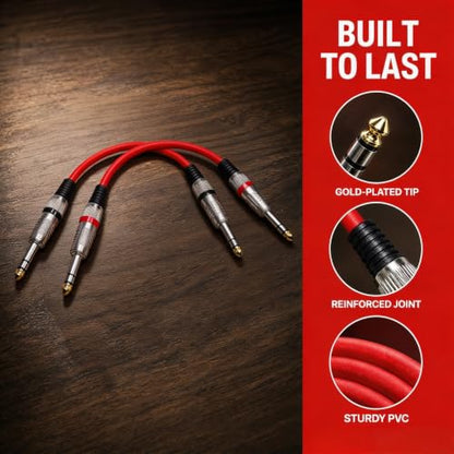 1/4 Inch TRS Patch Cable 1ft 2-Pack, Balanced OFC Instrument Cable for Guitar Bass Keyboard Pedal Board, Gold-Plated Studio Recording Live Performance Cable for Fender Gibson Yamaha, Red