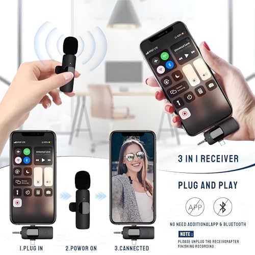 Wireless Lavalier Microphone Dual-Set, 3-in-1 Receiver (Lightning/USB-C/3.5 mm), 2 Clip-On Mics, 20 m Range, Plug-and-Play Audio for iPhone, Android, DSLR, YouTube & Zoom
