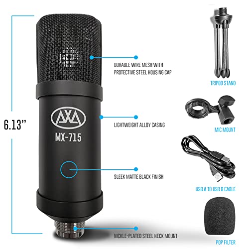 AxcessAbles MX-100 Studio XLR Condenser Microphone Bundle - Low-Noise Professional Recording Mic Kit with Desktop Tripod, Shock Mount & Cable, Compatible with Focusrite Scarlett/Behringer Interfaces