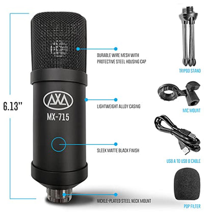 AxcessAbles MX-100 Studio XLR Condenser Microphone Bundle - Low-Noise Professional Recording Mic Kit with Desktop Tripod, Shock Mount & Cable, Compatible with Focusrite Scarlett/Behringer Interfaces