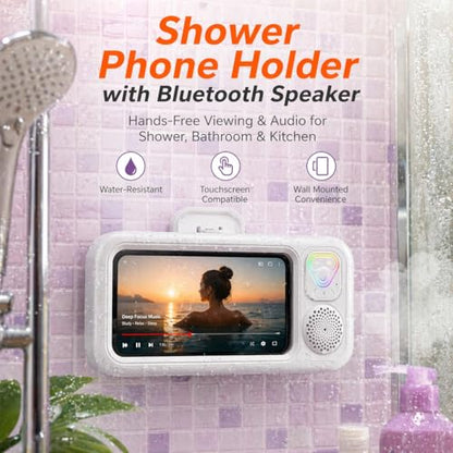 Water-Resistant Shower Phone Holder with Bluetooth Speaker, Wall Mounted Bathroom Phone Mount for Smartphones up to 7”, Touchscreen Compatible, Hands-Free for Shower & Kitchen (White Light-Up Button) - color: White Light-Up Button