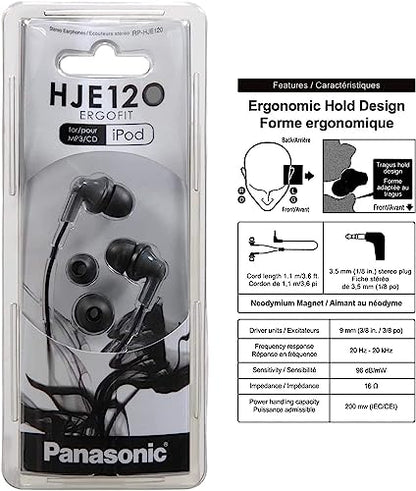 Panasonic ErgoFit Wired Earbuds, In-Ear Headphones with Dynamic Crystal-Clear Sound and Ergonomic Custom-Fit Earpieces (S/M/L), 3.5mm Jack for Phones and Laptops, No Mic - RP-HJE120-K (Black) - color: Black, size: S/M/L, style: No Mic