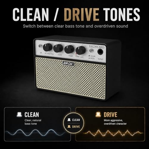 EROK BA-10B Mini Bass Amp, 10W Electric Bass Amplifier with Bluetooth 5.1 | Rechargeable 3000mAh Battery, Clean/Drive Modes, Headphone Output, AUX Input, Compact Practice Design