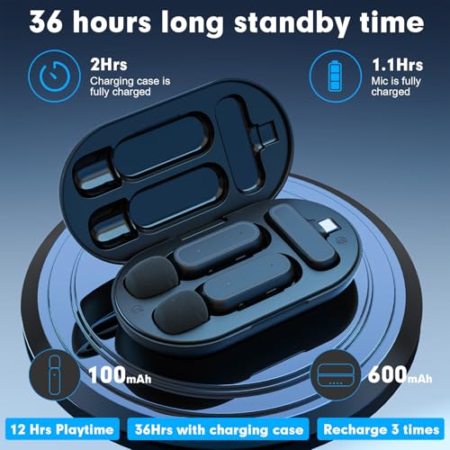 2-Pack Wireless Lavalier Microphone for iPhone Android - Plug and Play Noise Reduction Clip-on Mic with Charging Case, for Vlogging YouTube Live Streaming Zoom Meetings Video Recording Youtuber