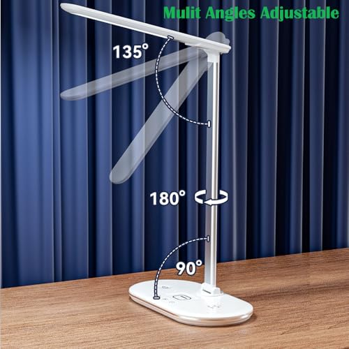 IHAO 3in1 Wireless Charging Eye-Care Desk Lamp 15W Fast Charging Station for Phone, Smartwatch & Earbuds, Touch Control Dimmable LED Light Adjustable Gooseneck, Modern Office Table Lamp-HYT2096 White - color: Table Lamp 3in1 wireless charger HYT2096 White