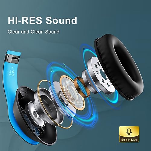 Wireless Bluetooth Headphones Over Ear V6.0 HiFi Stereo with Mic | 65H Playtime 6EQ Modes Foldable Bluetooth Headset with Microphone for Travel Smartphone Computer Laptop Blue - color: Blue