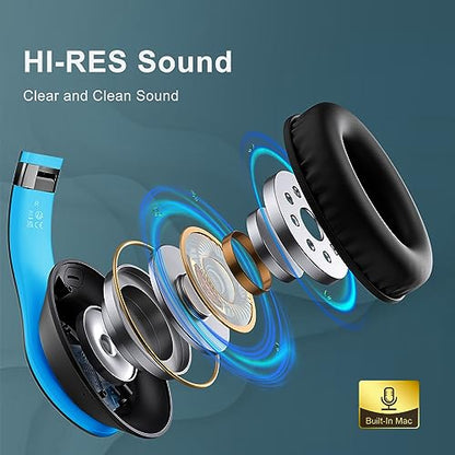 Wireless Bluetooth Headphones Over Ear V6.0 HiFi Stereo with Mic | 65H Playtime 6EQ Modes Foldable Bluetooth Headset with Microphone for Travel Smartphone Computer Laptop Blue - color: Blue
