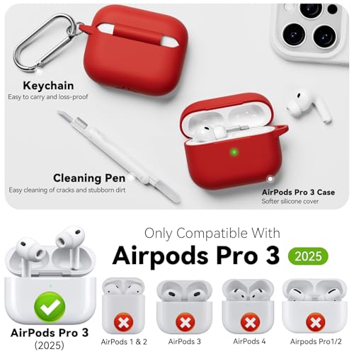 for AirPods Pro 3 Case 2025,Come with Cleaner Kit,Red | Silicone Protective Cover for Airpod Pro 3rd Generation Case with Keychain,for Women Men,One-Piece Design,Shockproof - color: D-Red