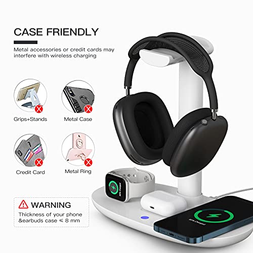 Headphone Stand with 15w Wireless Charger, Suguder 4 in 1 Charging Station Headset Holder for AirPods Max/Pro/4/3/2 iWatch 10/9/8/7/6/5/4/3/2/1/SE iPhone 17/16/15/14/13/12/11/X for Desktop Table Game | 4 in 1 15w Charging Station Headset Holder for AirPod