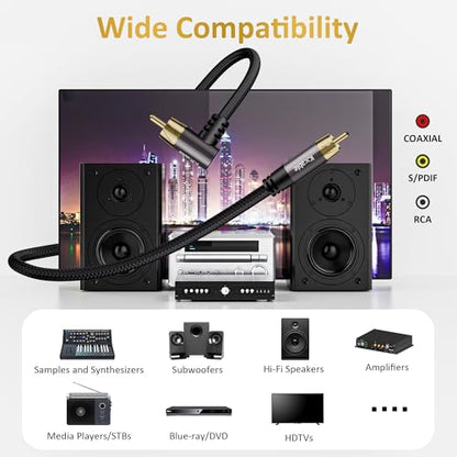Kxable 90 Degree RCA Subwoofer Coaxial Audio Cable 2FT, Dual Shielded Digital Analogue RCA Cord, Right Angle Gold-Plated Connector, Braided, for HDTV, Subwoofer, Hi-Fi System, Amplifier, Home Theater - size: 2FT, style: Straight to 90 Degree