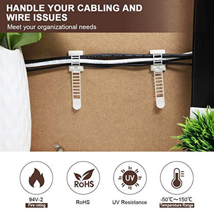 100Pcs Adhesive Cable Management Clips with 50Pcs Zip Ties, Adjustable Nylon Cable Strap Ties Wire Clips Clamps Organizer, Extra Screw & Hole - 3.35 Inch White - color: White, size: M-100pcs
