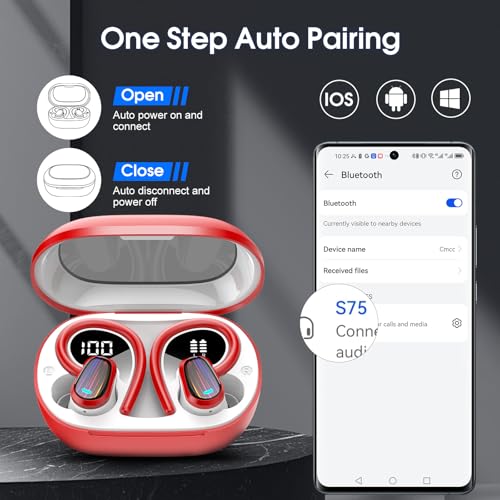 Wireless Earbuds, Bluetooth 5.4 Headphones Sport, Over Ear Buds with ENC Noise Canceling Mic, Deep Bass Stereo Ear Buds with Hook, 50H Playback, LED Display, IP7 Earphones for Workout Running, Red | 50H Playback, IP7 Waterproof Earphones for Workout Runni