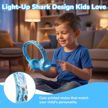 Kids Safe Wireless Light Up Headphones, Foldable Tangle-Free 3.5mm Jack, Volume Limiting 85/94dB, Over-Ear with Microphone for School/Toddlers/Teens/Boys/Girls/Ipad/Tablet/Kindle/Phones/Travel/Plane - color: Blue