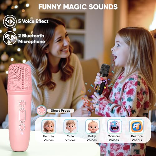 Mini Karaoke Machine for Teens Kids, Birthday Party Gifts Toys for Girl Ages 4 5 6 7 8 9 10 11 12+ Years Old, Portable Bluetooth Speaker with 2 Wireless Microphones and Disco Lights - color: Pink