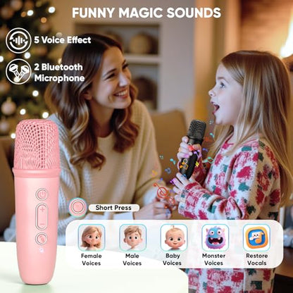 Mini Karaoke Machine for Teens Kids, Birthday Party Gifts Toys for Girl Ages 4 5 6 7 8 9 10 11 12+ Years Old, Portable Bluetooth Speaker with 2 Wireless Microphones and Disco Lights - color: Pink
