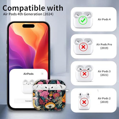 Cute Case Cover Compatible with AirPods 4th Generation 2024, Shockproof for Women & Girls with Cute Golden Round Buckle – Protective, Anti-Drop Design(Cute Boho Mushroom) - color: Cute BOHO Mushroom