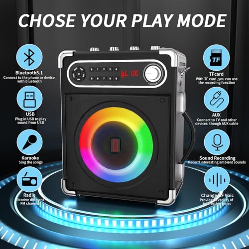 Karaoke Machine with 4 Wireless Microphones, Portable Bluetooth 5.1 Speaker for Adults Kids with LED Lights, Bass/Treble Adjustment, PA System with Remote Control, Supports FM/AUX/USB/TF for Party