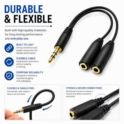 Master Cables 3.5mm Stereo Jack Headphone & Microphone Splitter Cable, 20cm, 1 Female to 2 Male AUX Adapter, Gold Plated, Audio Cable for PC, Laptop, Gaming Headsets