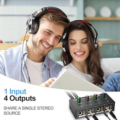 4 Channel Headphone Amplifier, 8 Outputs Stereo Audio Amplifier | Metal Headphone Amp with 1/4", 1/8" & RCA Inputs, RGB Volume Control, Stereo/Mono Switch for Studio, Podcast, Streaming - size: S