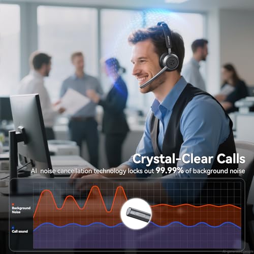 Wireless Headset with Mic for Work, Bluetooth Headset with Microphone(Noise Cancelling), Wireless Headphones with Mic, Mute Button & Charge Base for Work from Home/PC/Call Center/Computer/Zooms/Teams