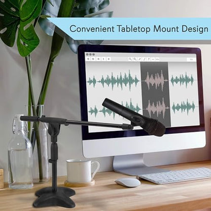 Pyle Universal Compact Microphone Stand - Mic Mount Holder Height Adjustment 19.0” to 26.0” Inch and Telescoping Boom Extension Adjustable Up to 16.0'' w/ Knob Style Tension Lock Mechanism - PMKS7.5