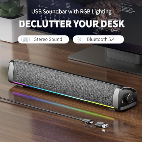 Computer Speakers for Desktop PC, Gaming Soundbar with 4 Drivers, 12 RGB Lighting Modes, USB/USB-C Powered PC Speakers, Plug & Play Monitor Sound Bar with Mic & Headphone Jack for Laptop, PC, Black
