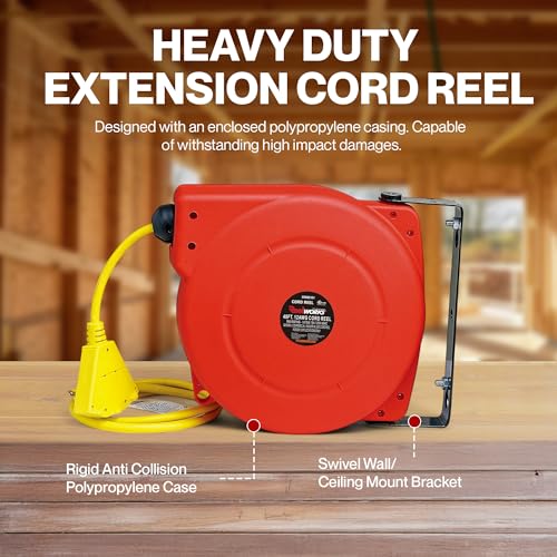 ReelWorks Retractable Extension Cord Reel Polypropylene 12AWG x 40' Foot | Industrial Commercial Grade 3C SJT Cable Triple Tap Connector 15A 125VAC 1875W 60Hz Current Interrupter Best for Indoor Use