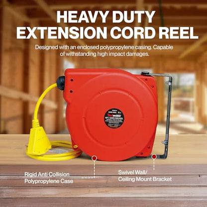 ReelWorks Retractable Extension Cord Reel Polypropylene 12AWG x 40' Foot | Industrial Commercial Grade 3C SJT Cable Triple Tap Connector 15A 125VAC 1875W 60Hz Current Interrupter Best for Indoor Use