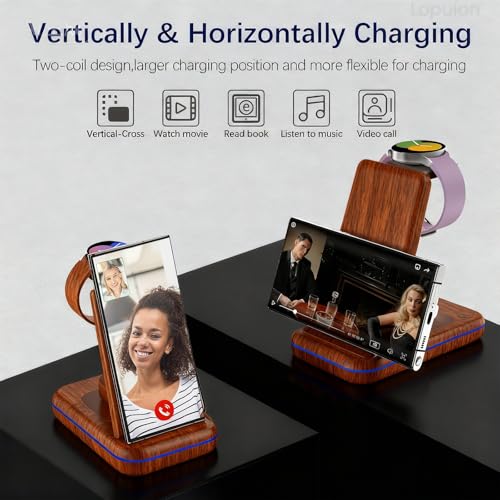 Wireless Charging Station for Samsung/Android, Fast Wireless Watch Charger Station Compatible for Samsung Galaxy S26 Ultra/S25/S24+/Z Flip 7/6 Fold 7/6, Watch8/7/Pro/Active 2 Galaxy Buds3/2 Pro(Wood) - color: Wood