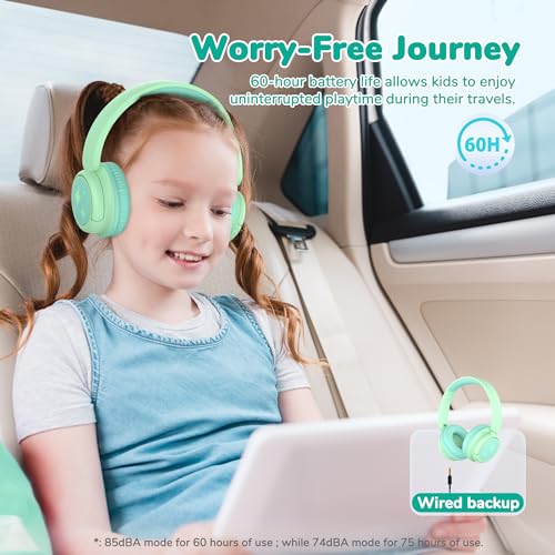 iClever BTH22 Kids Bluetooth Headphones for Toddler Travel, 60H Play Time | SafeSound Tech3.0, Stereo Sound, USB C Fast Charging, AUX Cable, Kids Wireless Headphones for Girls/Boys/Tablet/PC/School - color: Light Green