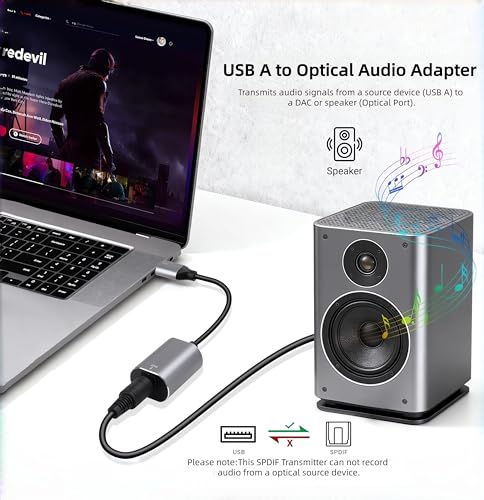 USB A to TOSLINK Optical Audio Adapter, Unidirectional USB Type A to SPDIF Digital Converter, SPDIF Transmitter for Computer Laptop PC PS5/4 ONLY-Includes Fiber 3.3FT Optic Cable