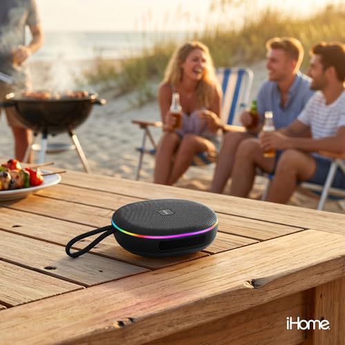 iHome Venture Wireless Portable Bluetooth Speaker with RGB Lights | Water Resistant, Built-in Carry Strap, TWS Pairing, Color-Changing LEDs, Rechargeable Battery, Cable Included, Bluetooth 5.3 - color: Black