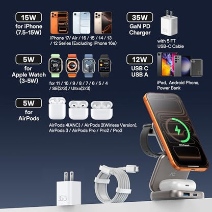5-in-1 Wireless Charger for MagSafe, AC ISLAND Portable Travel Charging Station, 35W Max Qi2 Fast Foldable Magnetic Stand, Evolved for iPhone 17-12 Series, Apple Watch, AirPods (with 35W Adapter) - color: Titanium