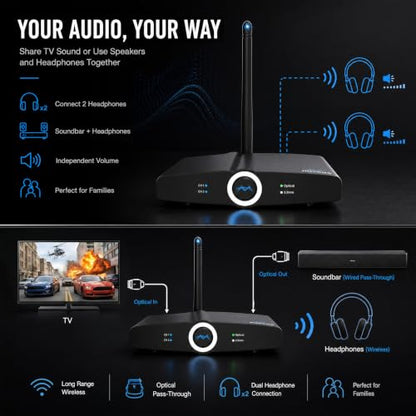 Long Range Bluetooth Audio Transmitter or Receiver for TV Home RTX 2.0 | TV PC stereo, Connect speakers, headphones & phones, aptX Low Latency, Optical RCA & 3.5mm, HD audio