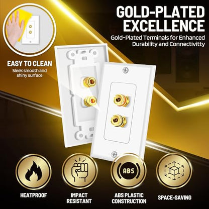 TNP Home Theater Wall Plate - Banana Plug Wall Plate, 1 Speaker Wire Wall Plate with Gold-Plated Terminals, Single Gang Audio Wall Plate, in-Wall Surround Sound Connection Plates, White, 2 Pack - size: 1-Speaker, 2 Pack