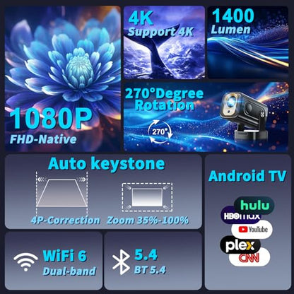 Projector [Auto Focus & Native 1080P & Built-in Apps] Mini Portable Projector 1080P, 4K Full HD with WiFi 6 & Bluetooth 5.4, Auto Focus & Keystone, 270° Rotatable, Compatible with Phone/HDMI/USB,Black - color: Obsidian Black