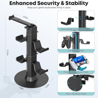 Gaming Controller & Headset Holder Stand for Desk, with Charger Cable Organizer Headphone Stand for PS5/ Xbox/ PS4/ Switch, Metal Base Controller Hook for Storage with 360° Rotatable Hanger- 2 Tiers - size: 2 Tiers