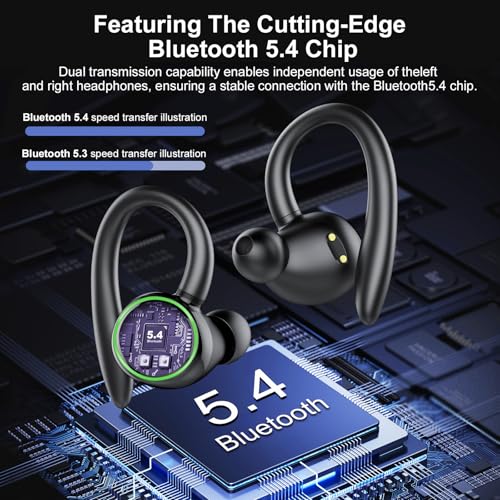 Wireless Earbuds, Bluetooth 5.4 Headphones Sport Over Ear Buds With ENC Mic | ENC Noise Cancelling Mic, 48H, Wireless Earphone With Earhooks, Stereo Deep Bass, IP7 Waterproof for Workout Running, Black