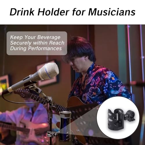 BRBASAP Stand Cup Holder Clamp Attachment Microphone Stand Adjustable Water Bottle Drink Caddy Mount for Music Handle Bar Pole or Gaming Chair Motorcycle Desk with Clip and Luggage Attachment, balck