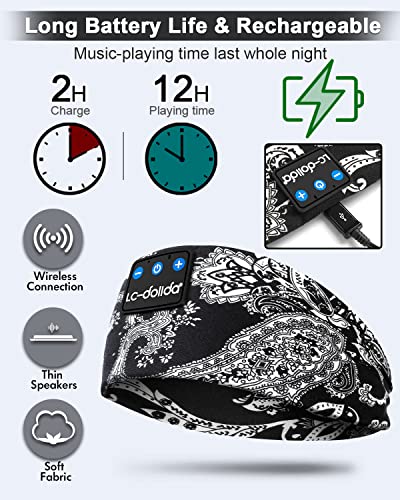 LC-dolida Sleep Headphones Bluetooth Music Wireless Band Headphones with Thin HD Stereo Speakers Perfect for Side Sleepers, Sport, Yoga, Travel - color: Boho Black