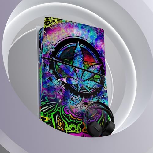 PlayVital Full Set Skin Sticker for ps5 Slim Console Disc Edition (The New Smaller Design), Vinyl Skin Decal Cover for ps5 Controller & Headset & Charging Station & Media Remote - Psychedelic Leaf - color: Psychedelic Leaf